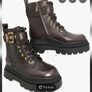 MICHAEL Michael Kors Colby Leather Lug Combat Booties with Gold Hardware